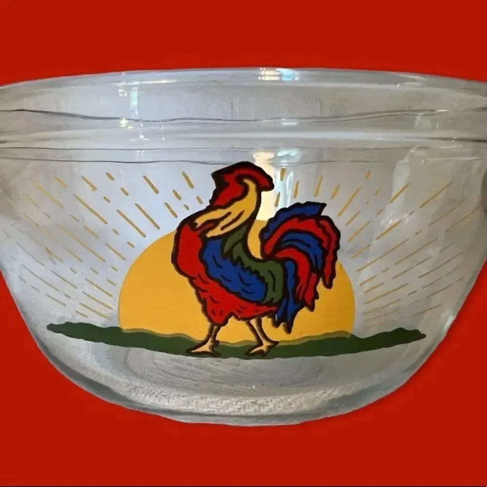 Vintage Anchor Hocking Rooster Sunshine Mixing Bowl Clear Glass 2.5 Qt TV Prop.